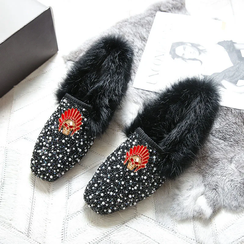 Zapatos edamame de cordero de alta gama con forro polar, zapatos de lana de un solo paso, zapatos de algodón para mujer, zapatos de mujer de talla grande 41-43
