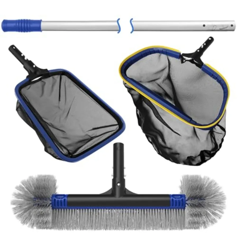 

5-in-1 Pool Cleaning Kit - Includes Semi-Deep Skimmer Net Aluminum Leaf Rake 20' Pool Brush with 13ft Adjustable Pole