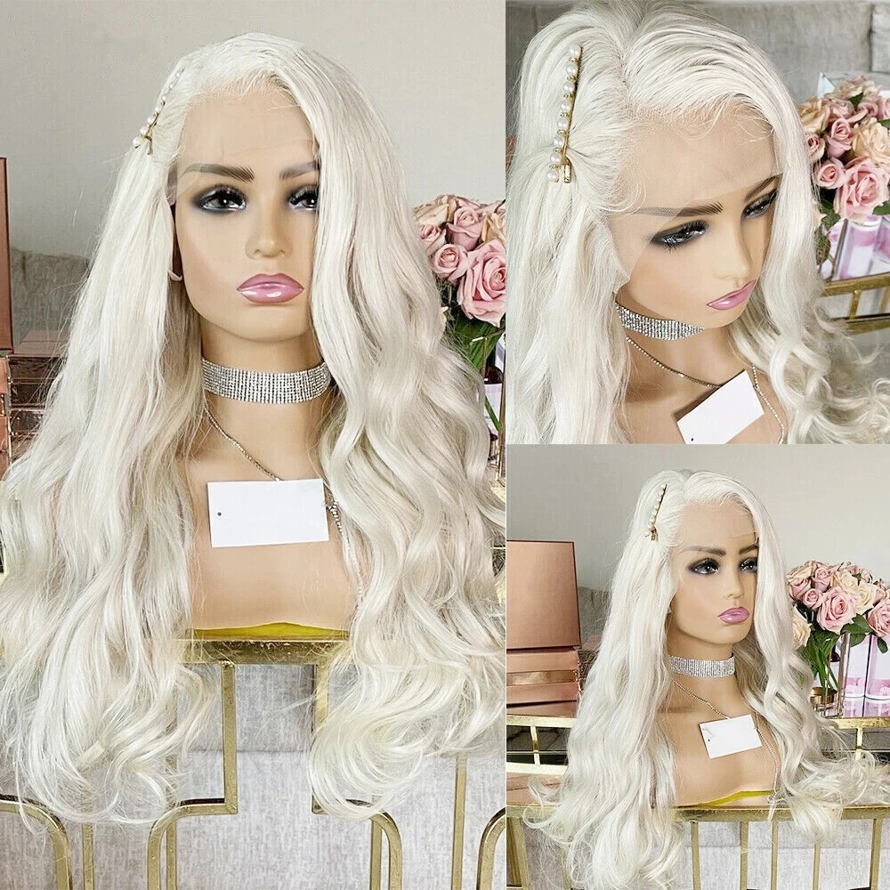 Peruki Body Wave platynowa blond syntetyczna koronka peruki z wolna część naturalną linią włosów długie faliste peruki codziennego użytku