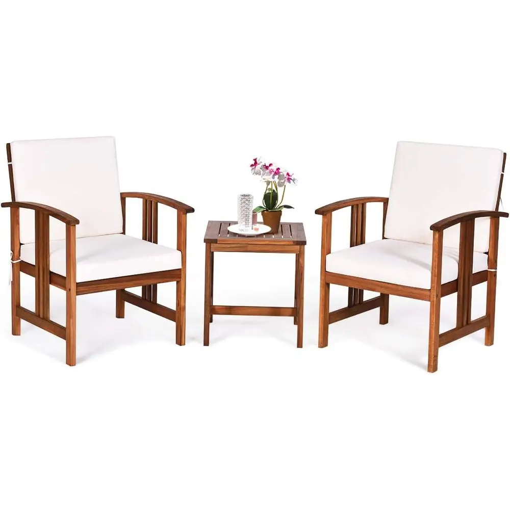

3-Piece Patio Furniture Set: 2 Acacia Wood Cushioned Chairs with Coffee Table for Outdoor, Garden, Backyard, Poolside, Bistro, D