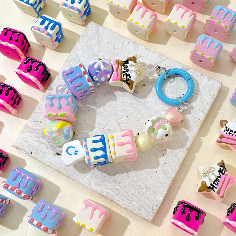 6pcs Fluorescent Color Cake Square Beads Hand-painted Stripes Diy Mobile Phone Chain Necklace Accessories