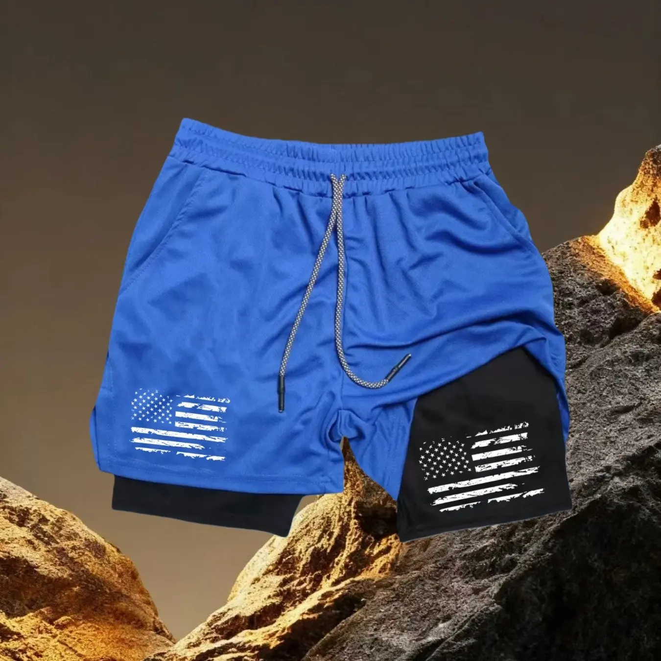 Print 2 in 1 Running Shorts for Men Gym Workout Fitness Athletic Shorts with Pockets Summer Activewear Quick Dry Stretch