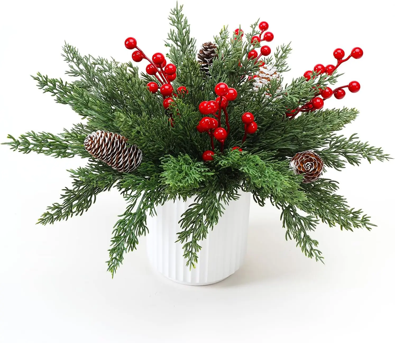 

Искусственные рождественские сосновые ветки с красными ягодами и сосновой шишкой, искусственное дерево в керамическом горшке для домашнего декора в помещении