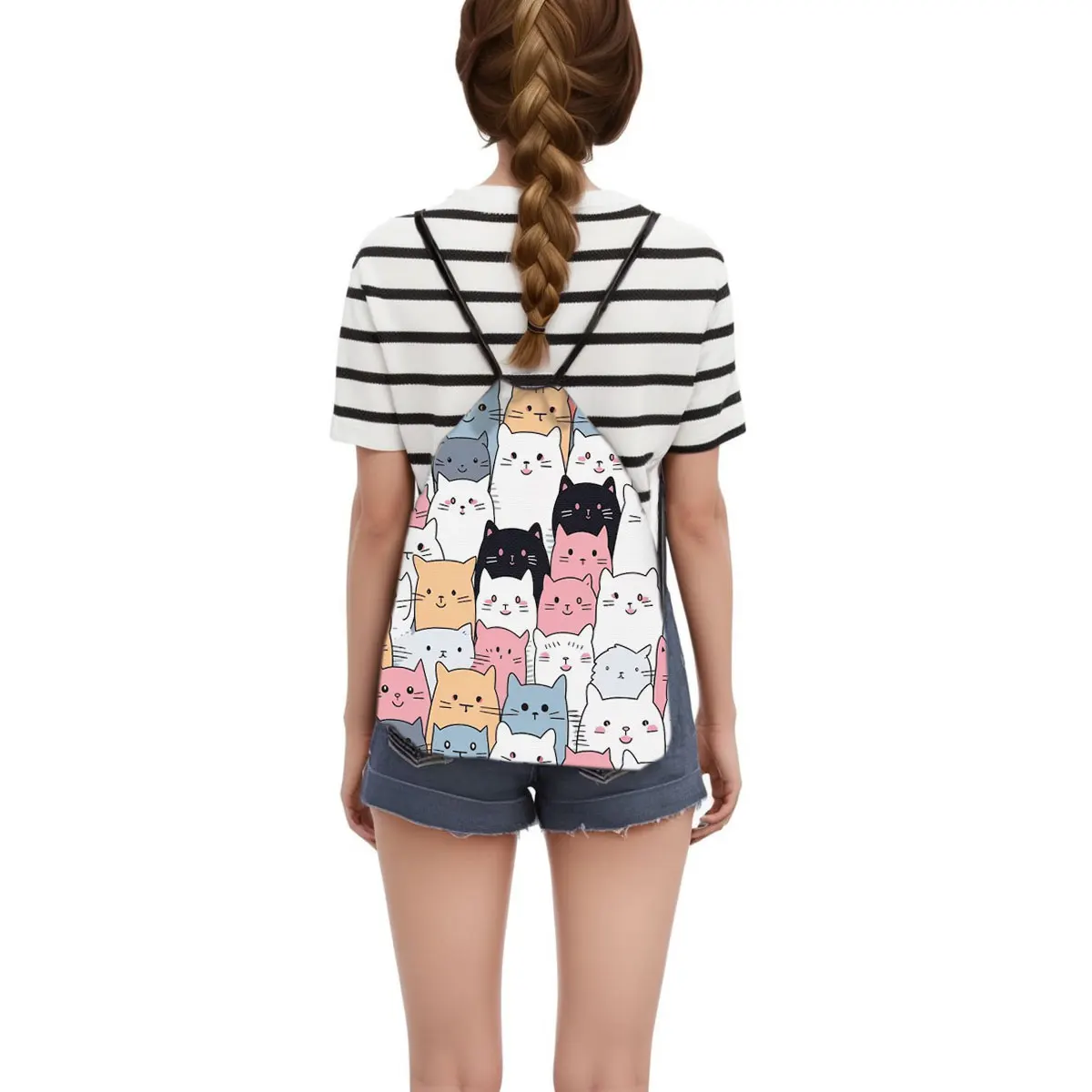 Cute Cartoon Anime Cat Pattern Drawstring Bag Women Fashion Storage Bag Shopping Bag Teenager Girls Bookbag Kawaii  Backpack