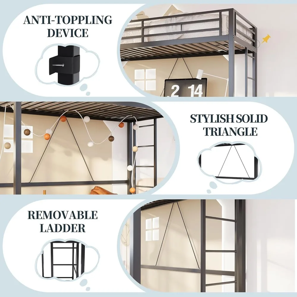 Stallei-Lit double en métal avec échelle perfectionnée, lit loft avec protection de sécurité, cadre de lit peu encombrant, sans bruit