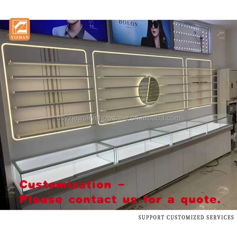 custom.White Fashion OEM Sunglasses & Eyewear Tempered Glass LED Lit Display Showcase Optical Shop Interior Des