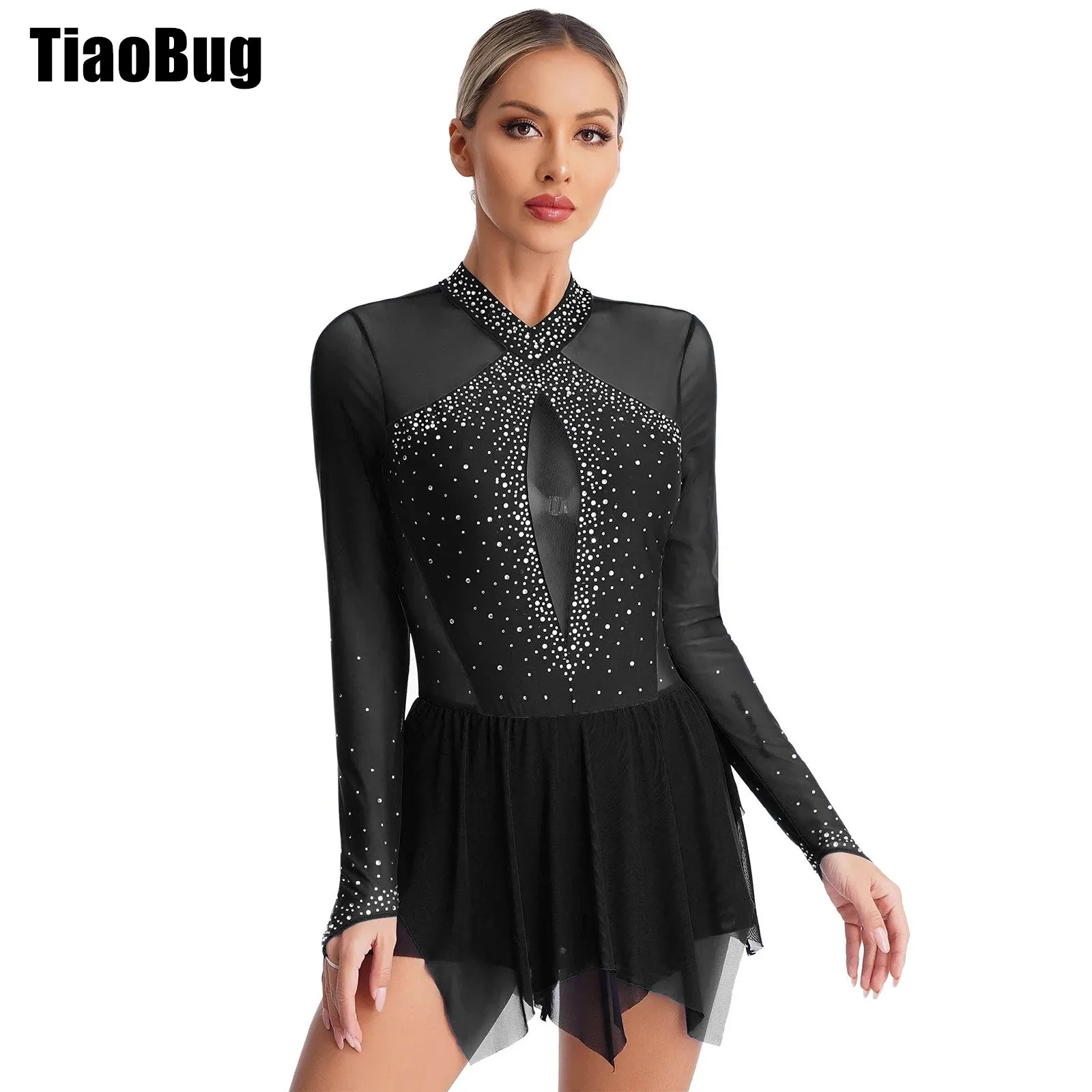 

Womens Patchwork Dance Dress Sparkling Rhinestones Contrast Color Irregular Hem Keyhole Back Long Sleeve Dresses