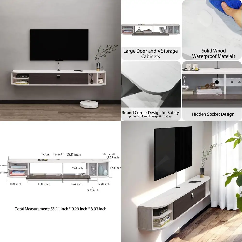 حامل تلفزيون عائم 55 حديث لأجهزة التلفاز مقاس 60 بوصة، وحدة تحكم ترفيهية مثبتة على الحائط