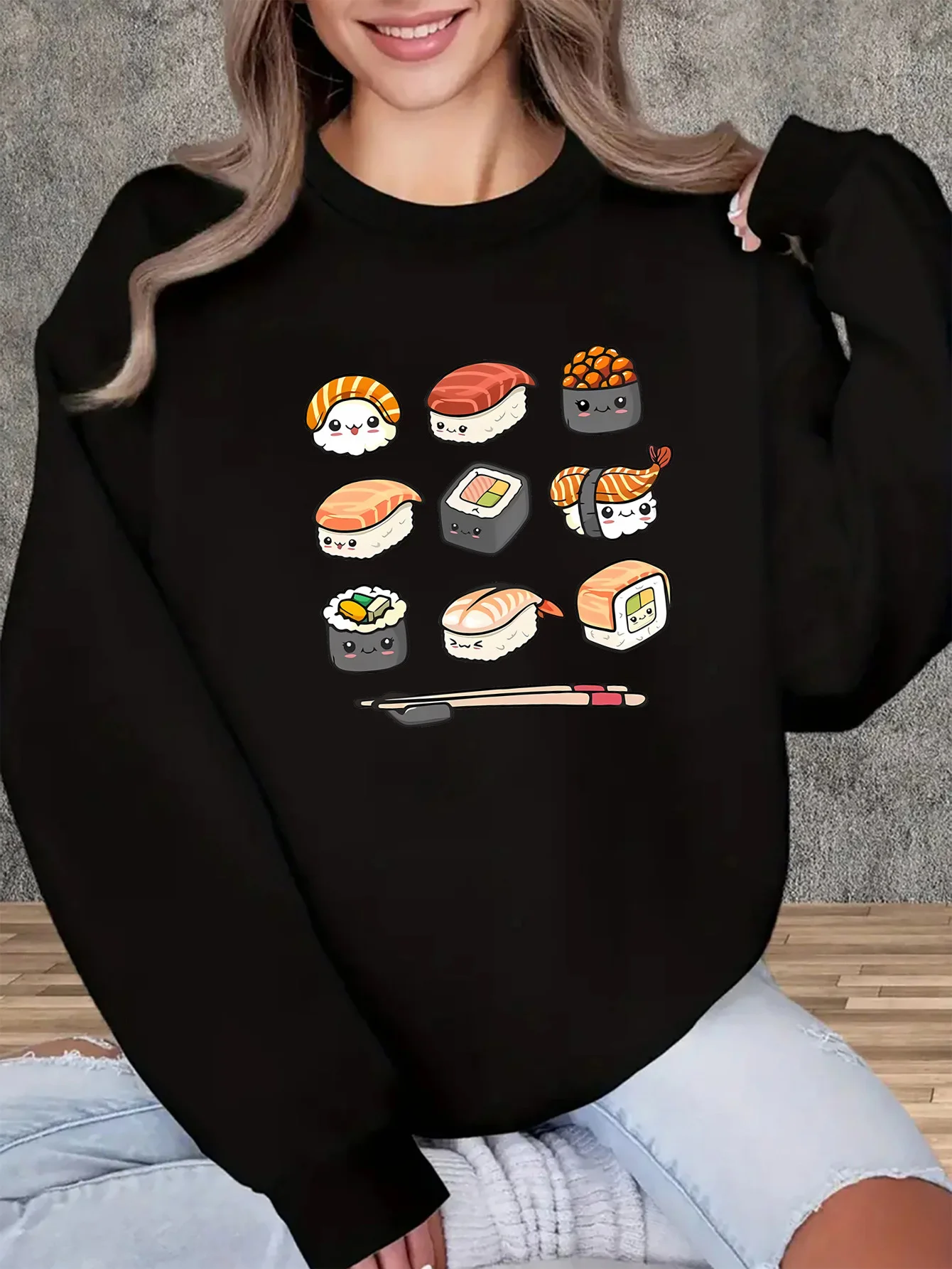 

Ladies' sushi printed long-sleeved pullovers hoodie, casual round-neck knitted polyester top, slightly elastic