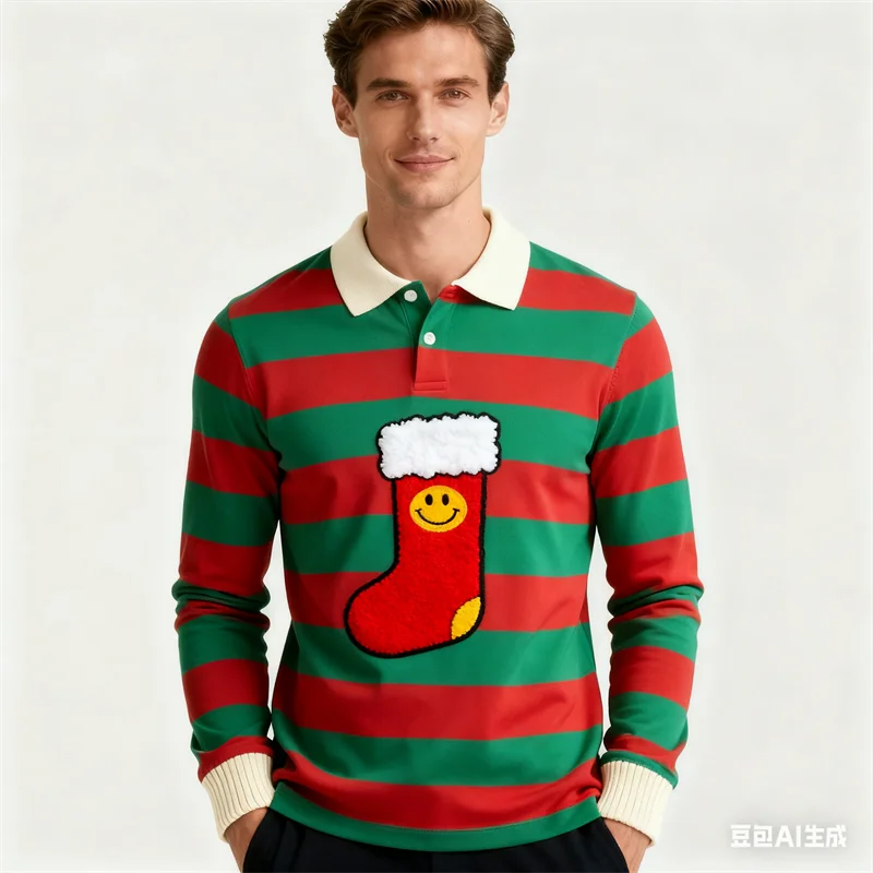 

Autumn Fashion Stripes Men's POLO Shirt 3D Christmas Element Snowman Printed Top Street Hip Hop X'mas Near Year Long Sleeve Tees