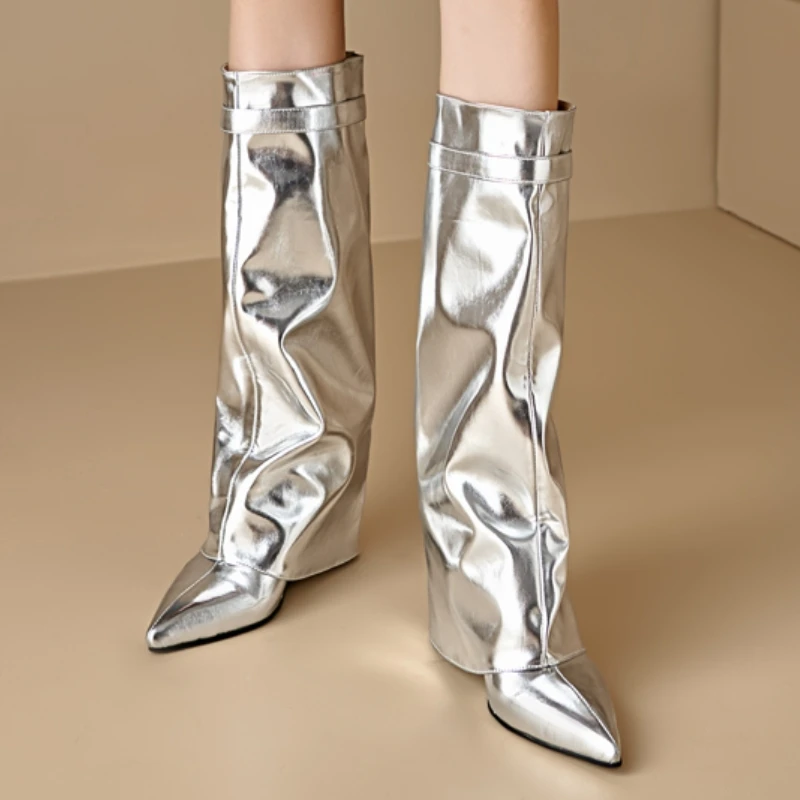 Sexy Wedge Knee High Boots for Women New 2024 New Turned-over Silver Gold Long Boot Heels Party Shoes Lady Big Size 48 Footwear