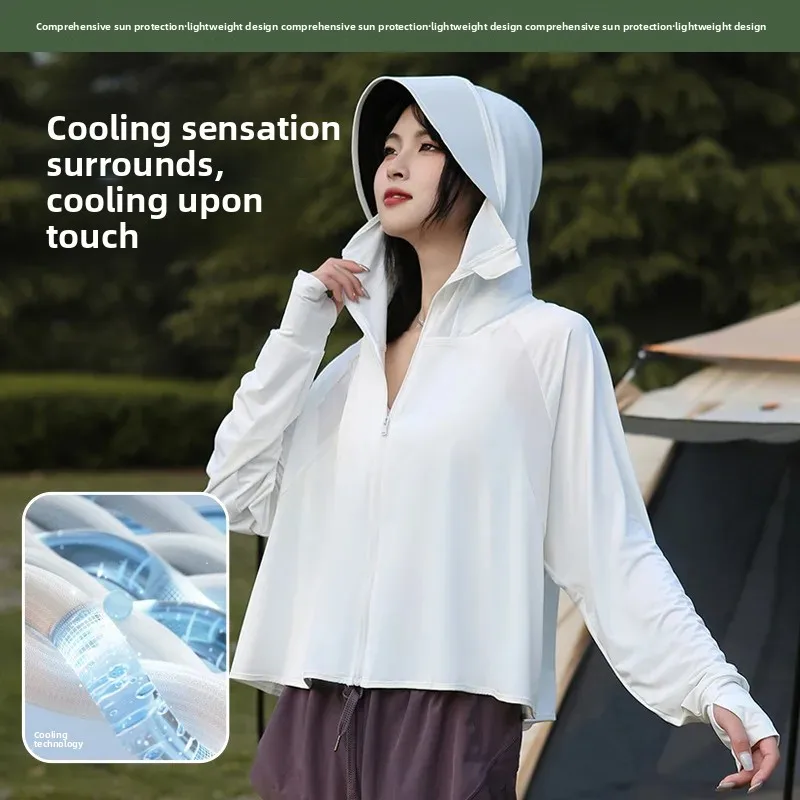 Women's Ice Silk Hooded Sun Protection Jacket, Loose Fit, Black Rubber Brim