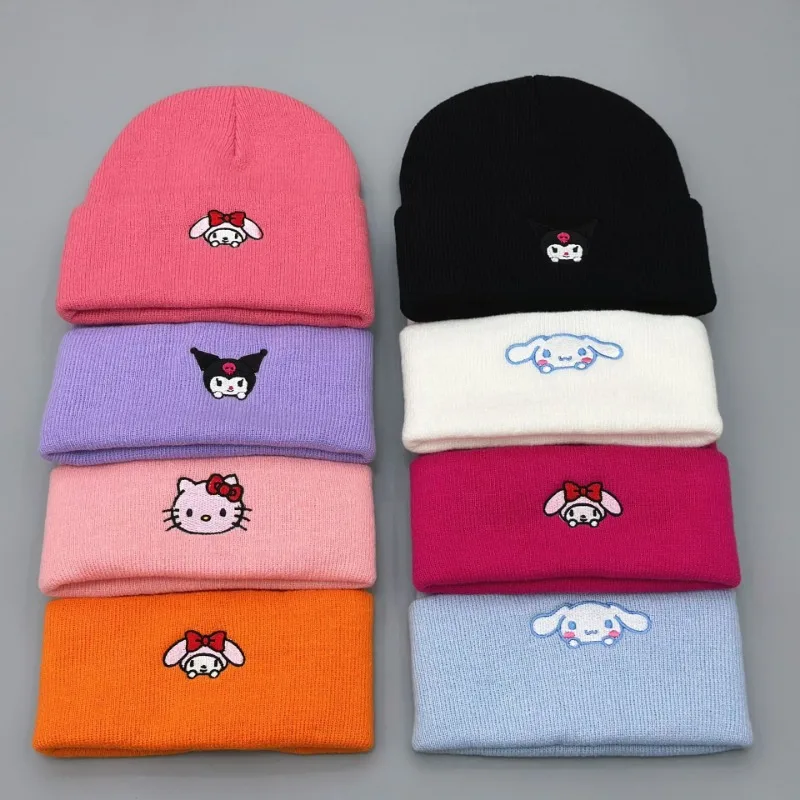 

Winter Women Kawaii Beanies Hat Sanrio Melody Kitty Cinnamoroll Kuromi Embroidery Cartoon Caps Adult Keep Warm Accessories