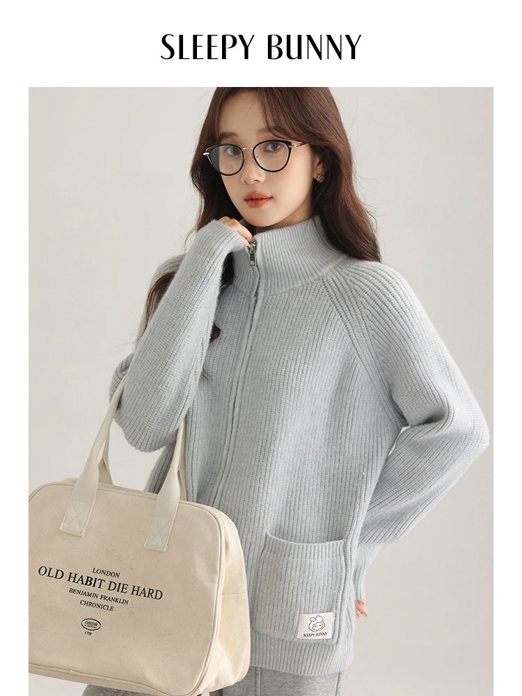 

2-Way Wear Ribbed Knit Cardigan Women 2025 Spring Raglan Sleeve Zip-Up Sweater Casual Loose Fit Stand Collar Fashionable Top