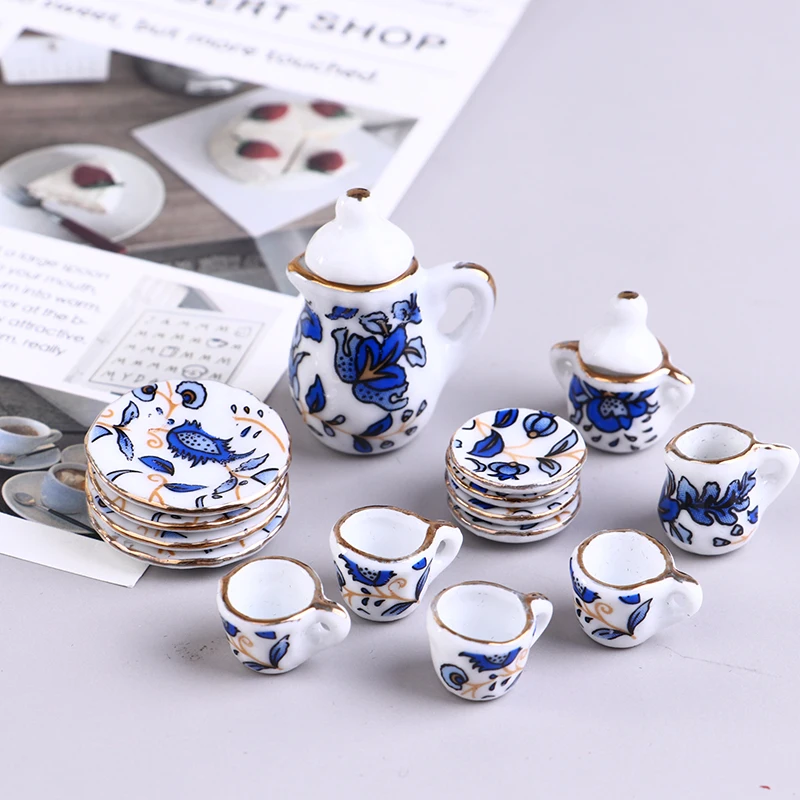 15Pcs 1:12 Dollhouse Miniature Tableware Porcelain Ceramic Tea Cup Set