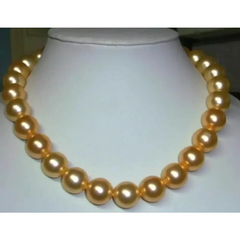 HUGE AAAA 10-11mm Natural South Sea Golden Round Women's  Pearl Necklace 17 Inch 14k Gold