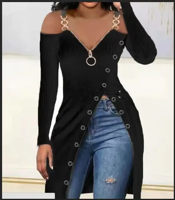 

Осенне-зимняя женская однотонная однотонная футболка на плечо с v-образным вырезом и длинными рукавами, высоким разрезом, на молнии, повседневный топ