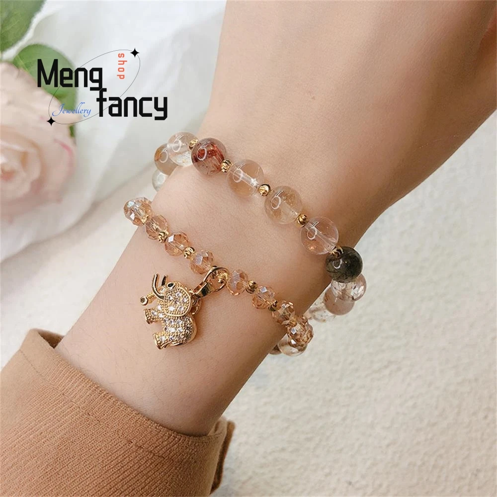 Natural Color Hair Crystal Bracelet New Exquisite Auspicious Elephant Pendant Double Circle Strings Strawberry Crystal Jewelry