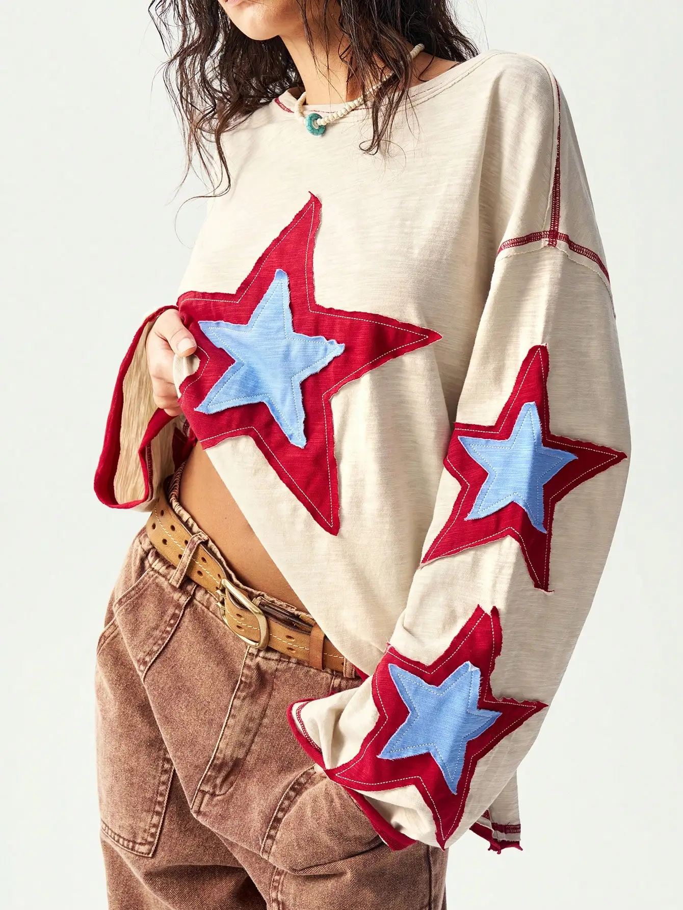 

Women's Loose Fit Star Patch Sweatshirt, Contrast Stitch Long Sleeve Casual Pullover for Spring Autumn