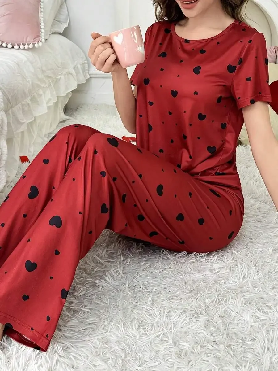 

Womens Red Heart Print Short Sleeve Pajama Set With Pants