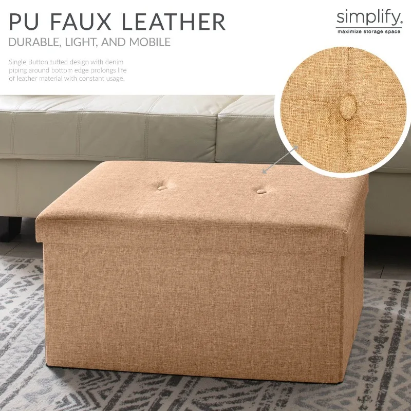 Faux Linen Double Folding Storage Ottoman in Camel  Collapsible Tufted Padded Seating Foot Rest Toy Box Bench