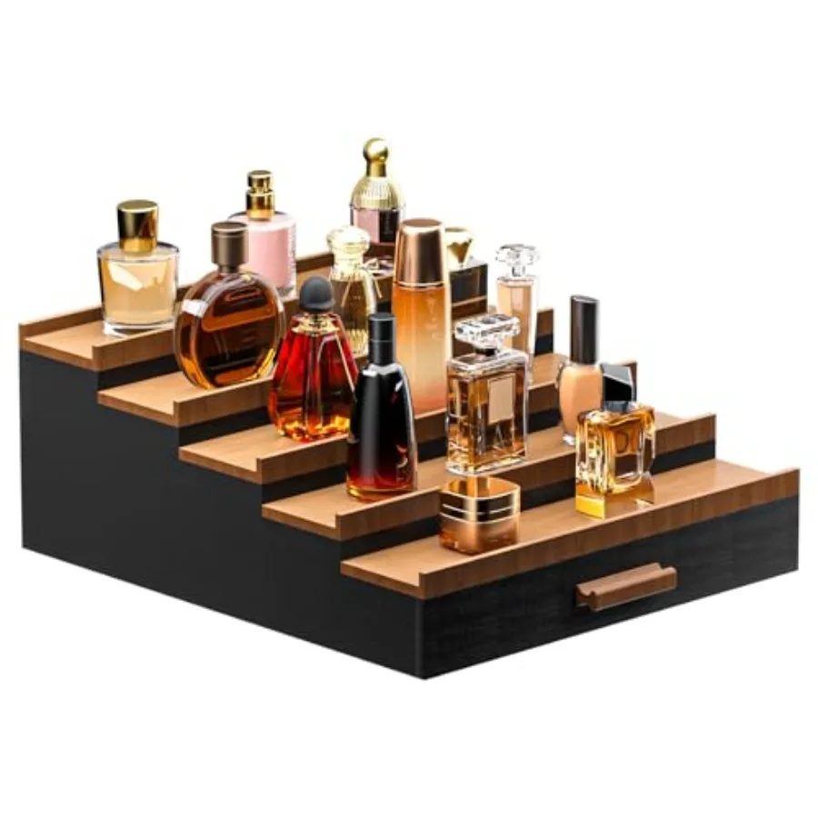 Organizador de Perfumes de Bambú Elegante de 5 Niveles para Hombre con Almacenamiento Oculto y Cajón Práctico, Perfecto para Colonia