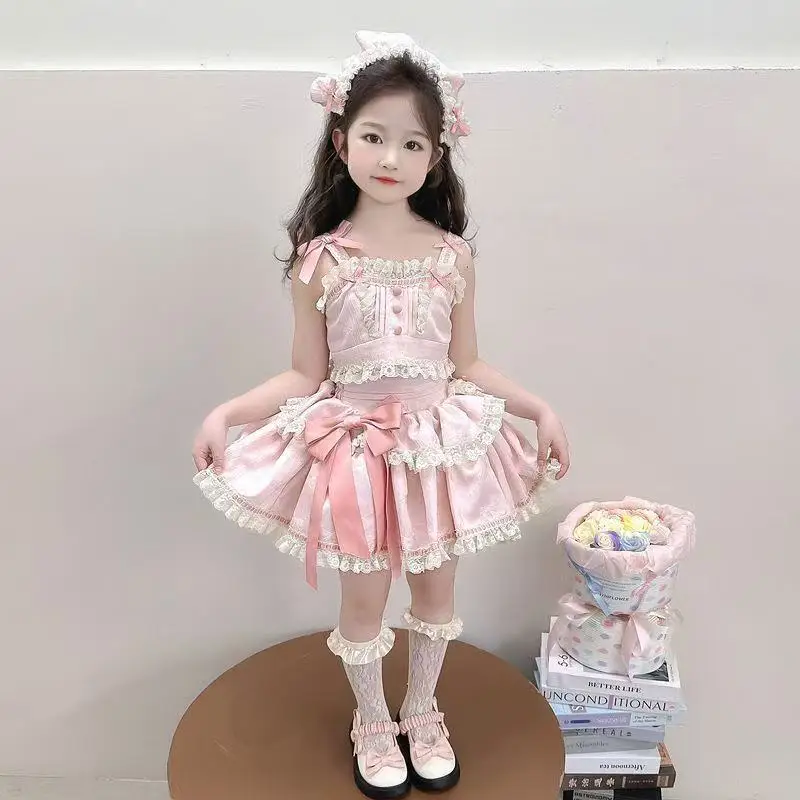 

Girls Suit Summer New Childrens Clothing Korean Style Girl Baby Sweet Bowknot Halter Vest Lovely Lace Half Skirt Three Sets