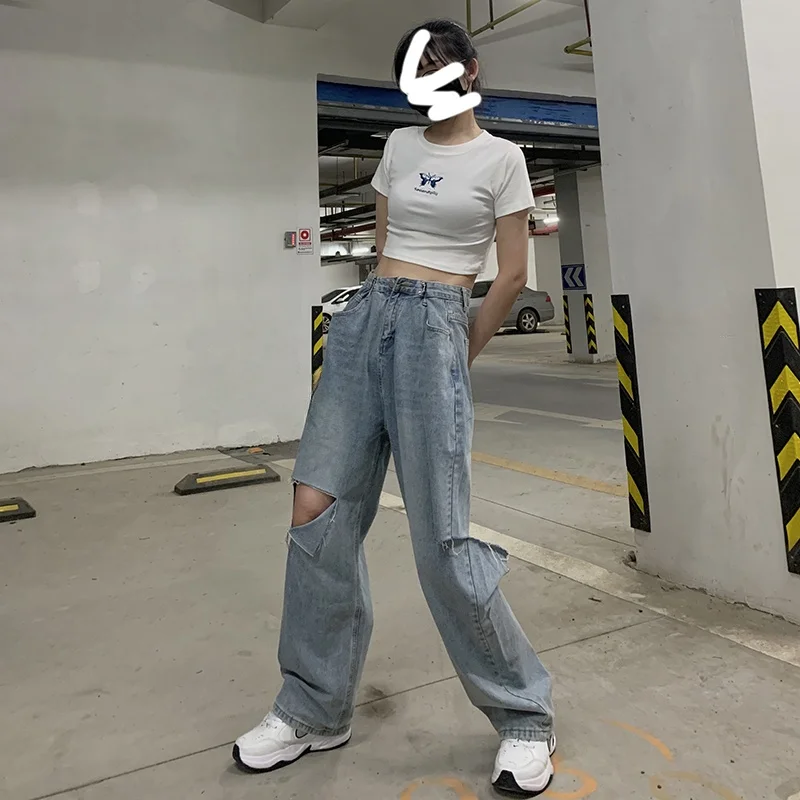 

High Waist Wide Leg Light Blue Jeans Women's Summer New Sle HyunA Loose Straight Dad Pants Moon Ancient Waed Proc