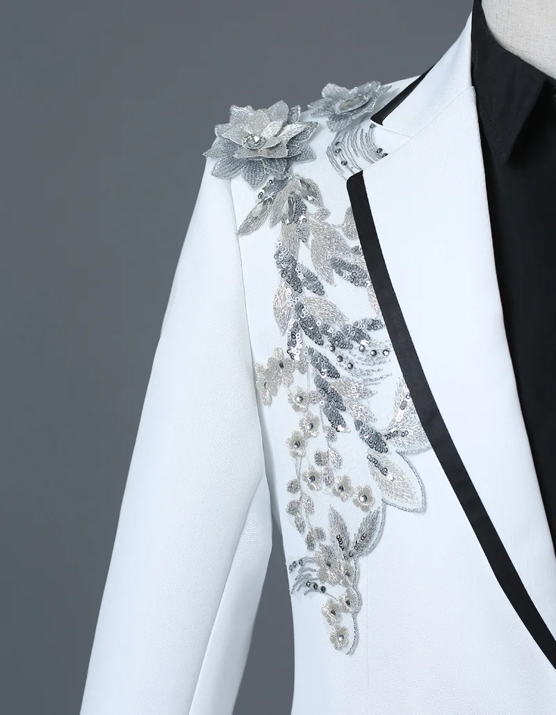 Mens White Floral Sequin 2 Pieces Suits (Jackets+Pants) Slim Fit One Button Wedding Groom Tuxedo Suit Male Costume