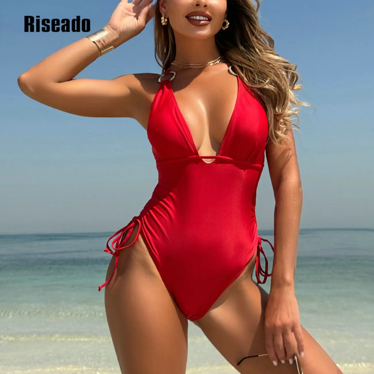 

Женский цельный купальник с металлическим вырезом на шее, сексуальный купальник с глубоким V-образным вырезом и открытой спиной