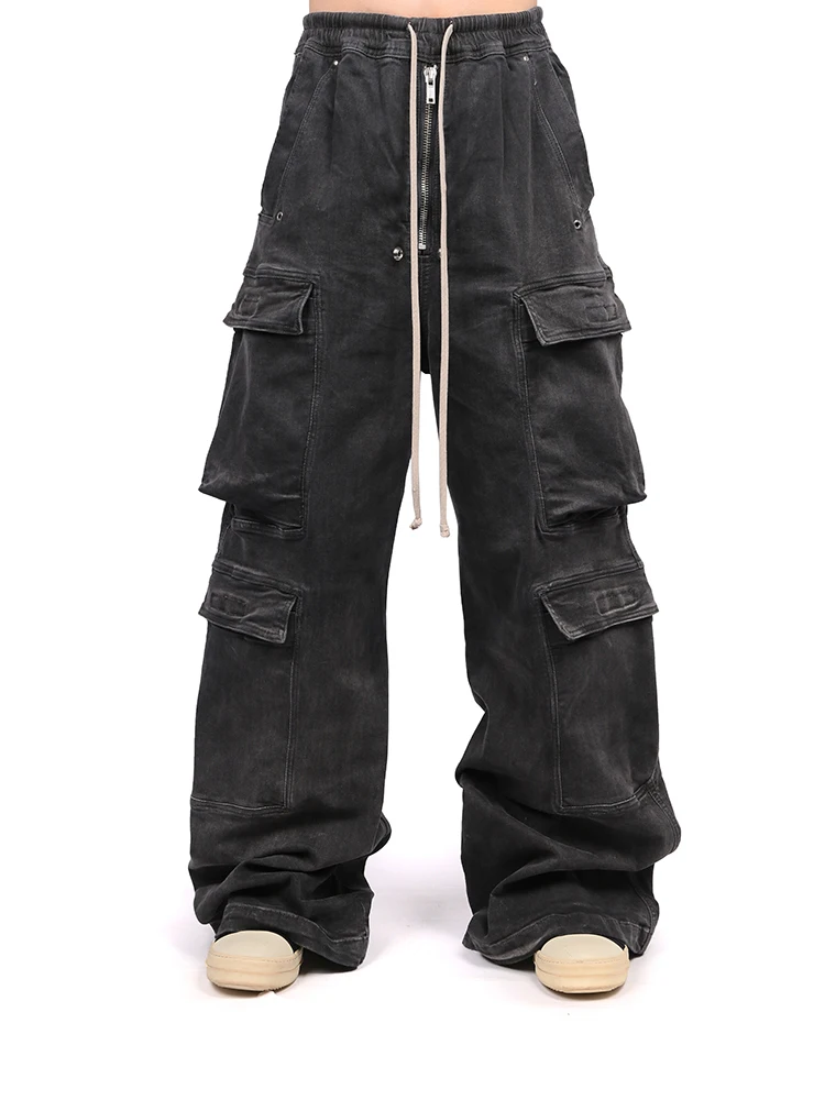 High Quality Niche Designer Style Dark Gradient Smoky Gray Wide Leg Jeans Loose Mopping Overalls