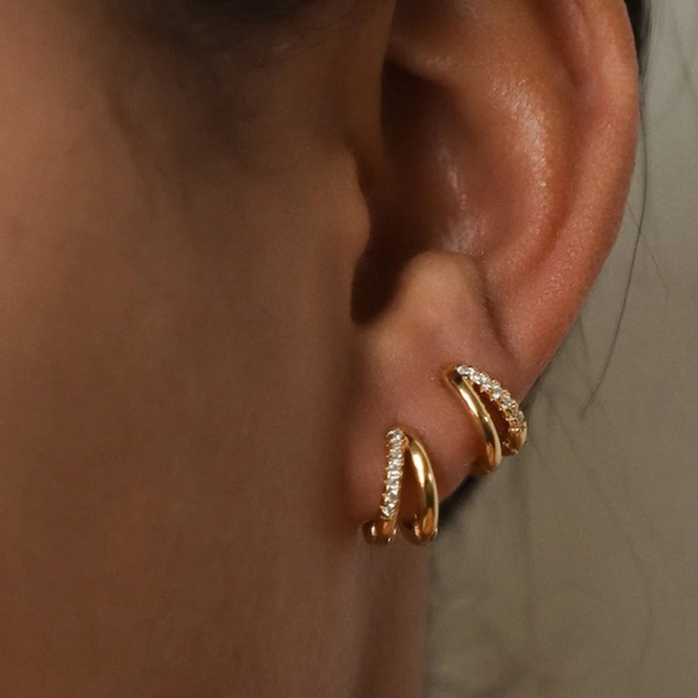 Dainty Tiny Layered Gold Plated Copper Metal Paved CZ Huggie Hoop Earrings for Women Girls Luxury Elegant Catilage Hoops Jewelry