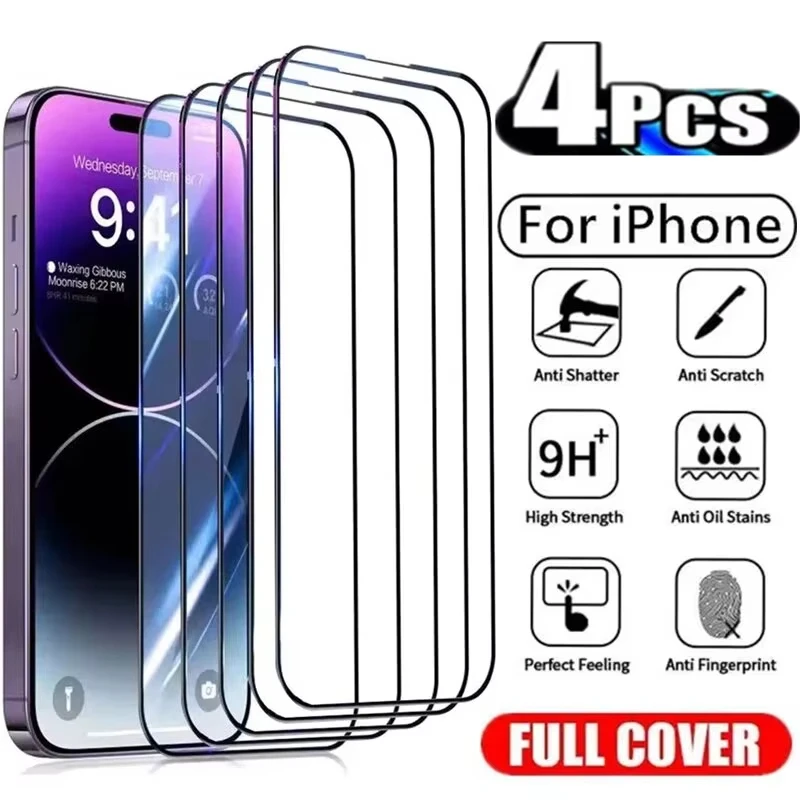 

4PCS Full Protective Glass For iPhone 13 12 11 14 15 16e 16 Pro Max 16e 17 Air 7 8 Plus X XR XS Screen Protectors Tempered Glass
