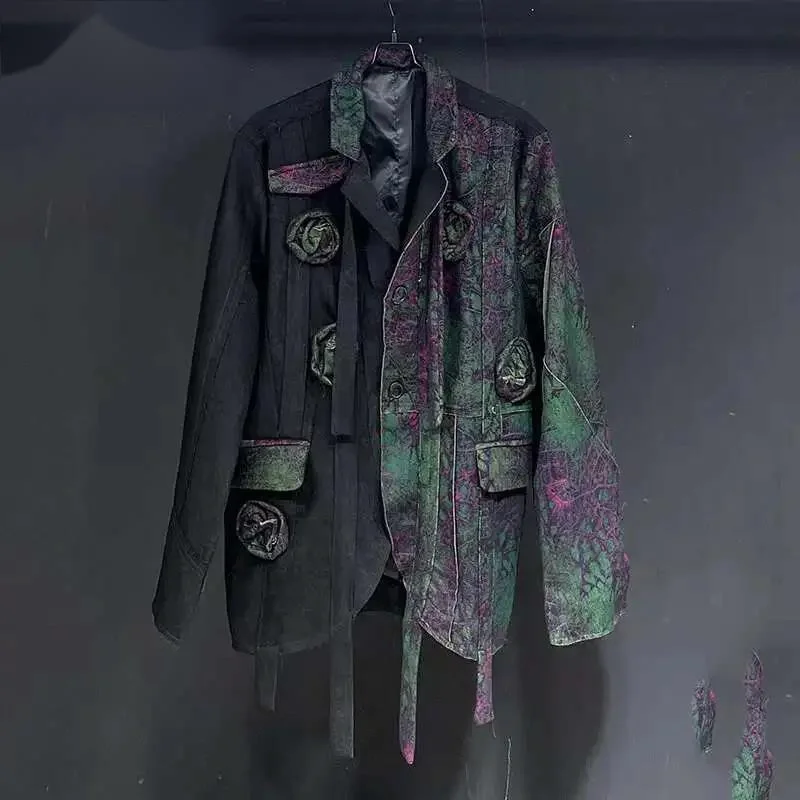 Men's Coat Design Splice Flower Knitted Printing Paint Suit Loose Fashion 2024 Long Sleeve Male Blazer Casual  GHTY7