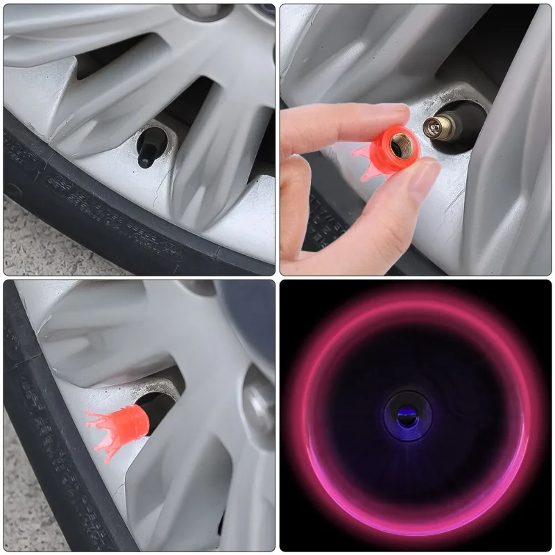 2/4Pcs Luminous Crown Car Tire Valve Caps Night Glowing Motorcycle Bicycle Wheel Tyre Hub Valve Stem Caps Decor Dust-proof Cover