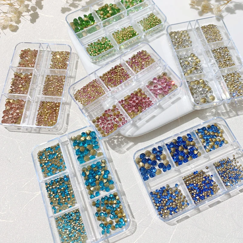 6 Grid Pointed Crystal Rhinestone Pointed Zircon Stone AB Color Pointed Round Stone Assorted Rhinestone Kit Nail Art Decoration