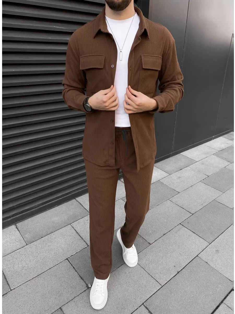 2025 Men's simple new front buckle lapel double pocket long sleeve two-piece casual sports solid color striped fashion comfortab