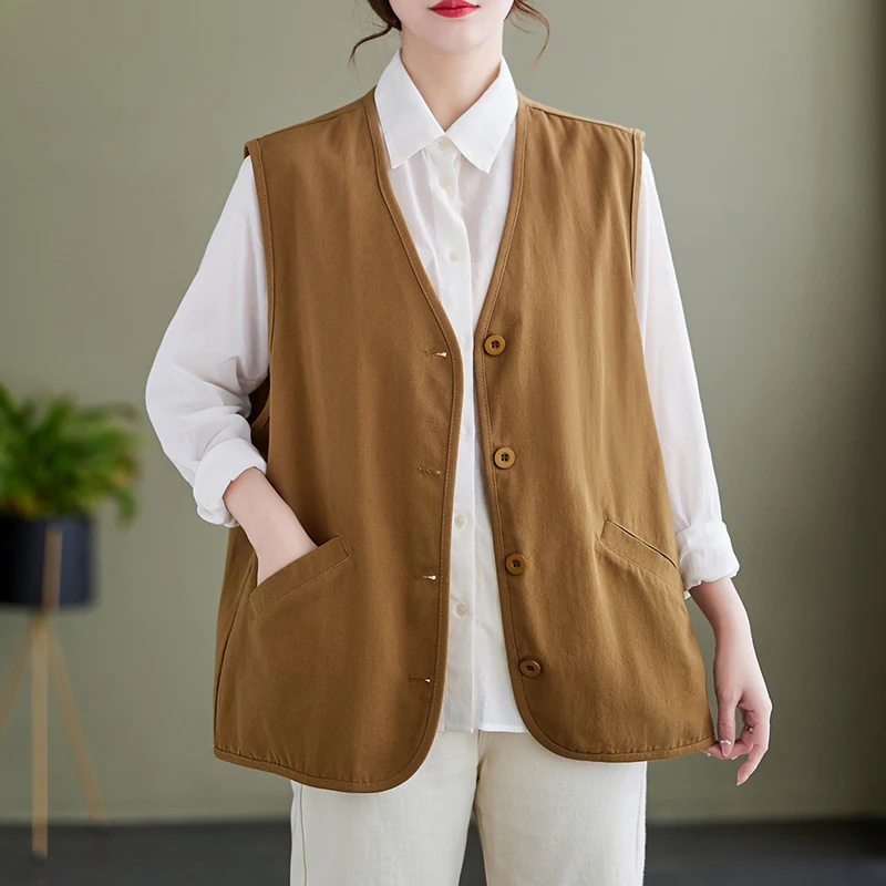Cotton V-neck Tooling Sleeveless Vest Women's Spring and Autumn New Korean Style Loose Plus Size Casual Outer Wearing Vest Top