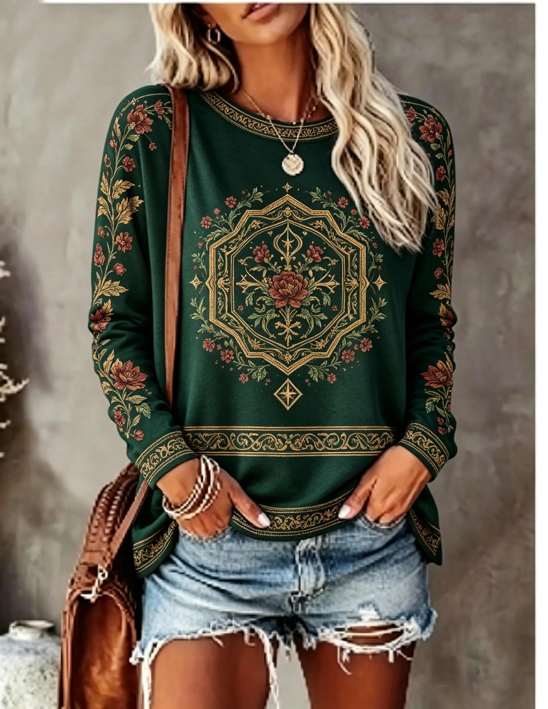 Women Crew Neck Long Sleeve T‑Shirt, Boho Mandala Ethnic Floral Print Casual Loose Pullover Tops view 2