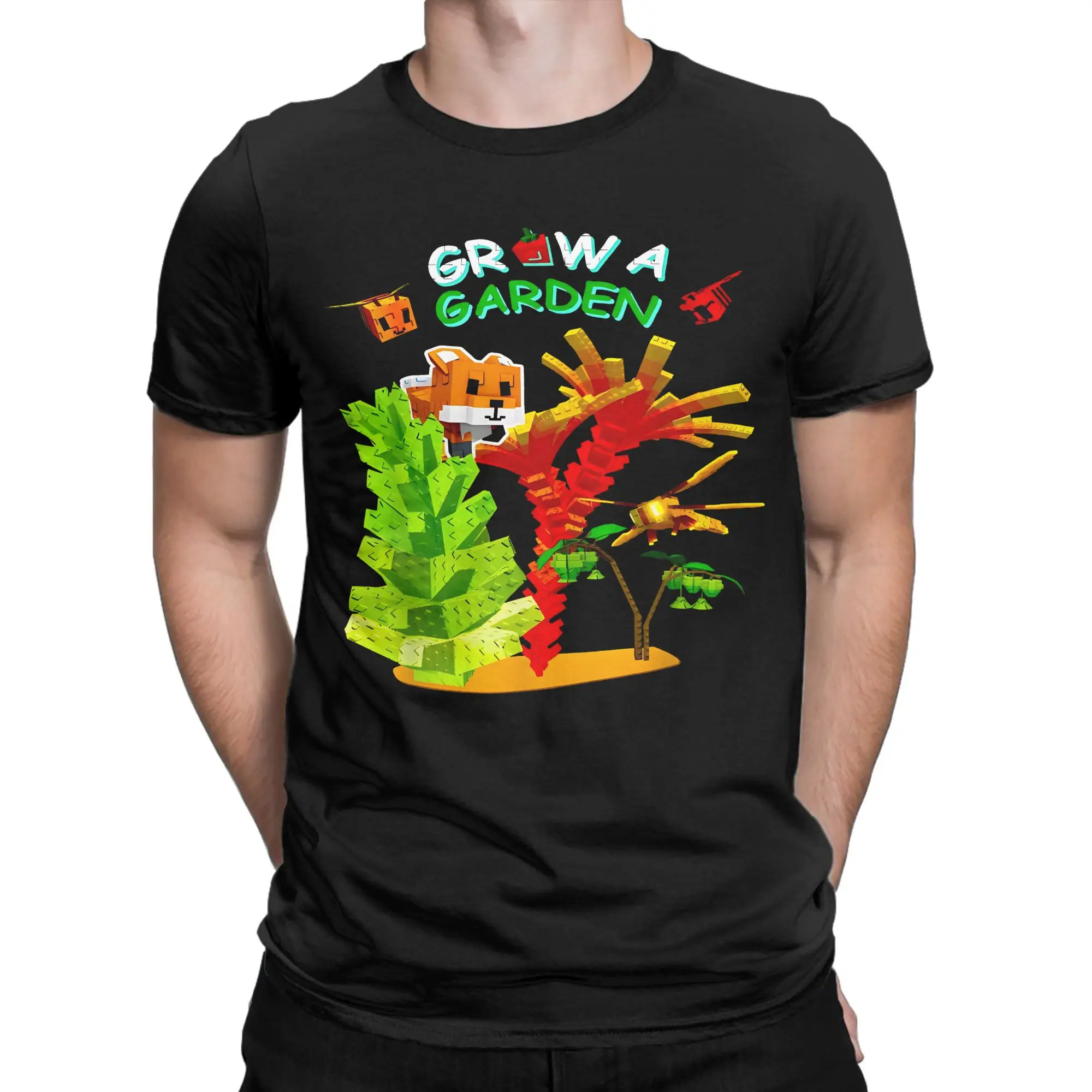 Grow A Garden Romanesco Burning Bud Fox Disco Bee Gamer  T Shirt Men 100%Cotton Tops Shirts Casual Crewneck Short Sleeve