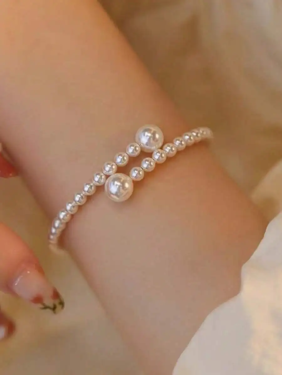 

1pc Elegant Adjustable Faux Pearl Beaded Bracelet For Women, Geometric Design, Sophisticated Stylish Accessory For Daily Use,