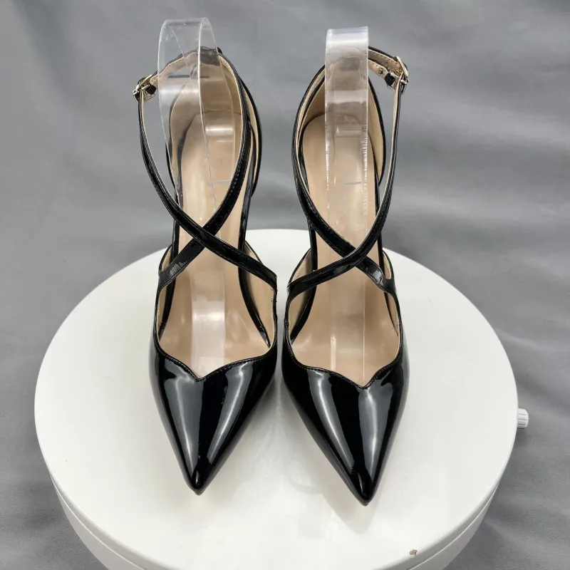 Tikicup Glossy Black Cross Strap Women Pointy Toe High Heel Shoes Front V Cut Stiletto Pumps for Party Colors Customize