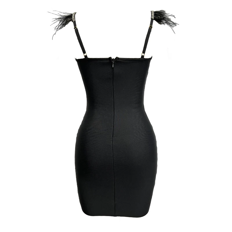 Factory Wholesale Women\'s Black Spaghetti Strap Feather Diamond Sexy Casual Boutique Celebrity Cocktail Party Bandage Dress