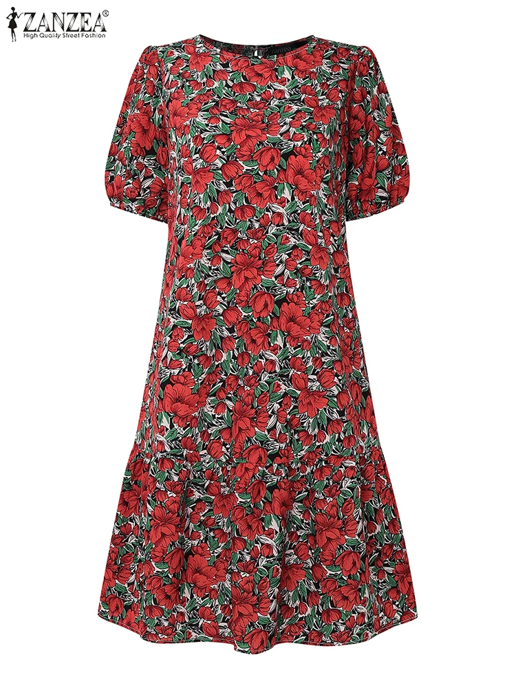 Bohemian Gedruckt Urlaub Kleider ZANZEA Frauen 2025, Sommer Kleid Vintage Kurzarm Strand Sommerkleid O Hals Knielangen Vestidos