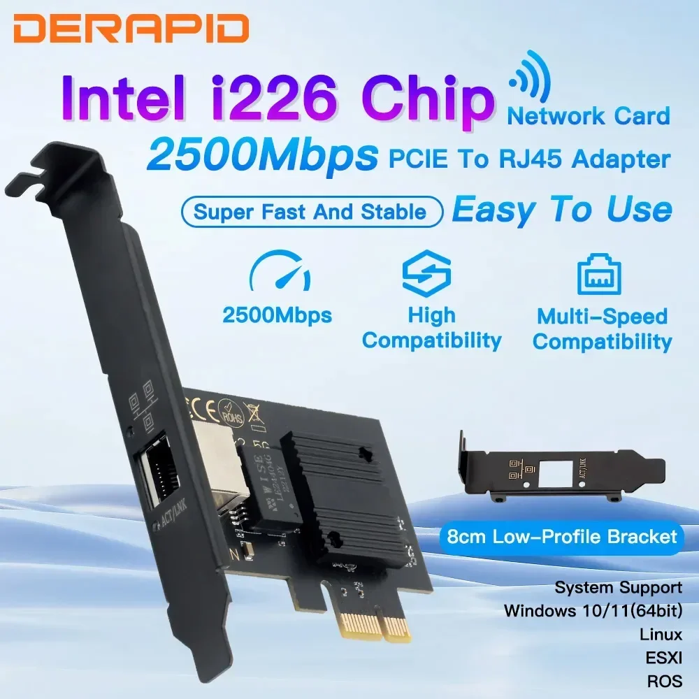 

Сетевая карта 2,5G Intel i226 PCIE к RJ45 100/1000 Мбит/с интерфейс RJ45 Ethernet гигабитный адаптер для ПК/настольного компьютера