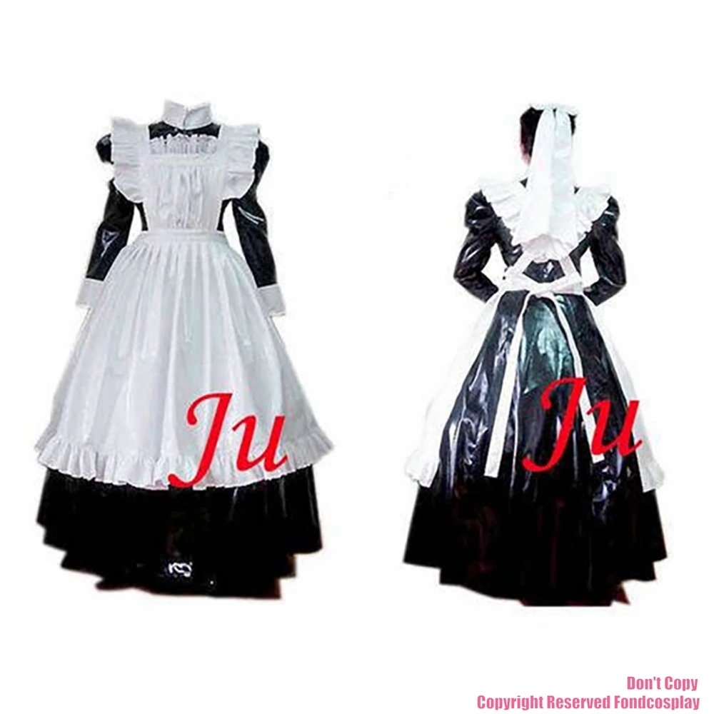 fondcosplay adult sexy cross dressing sissy maid long black thin PVC lockable dress Uniform white apron CD/TV[CK129]