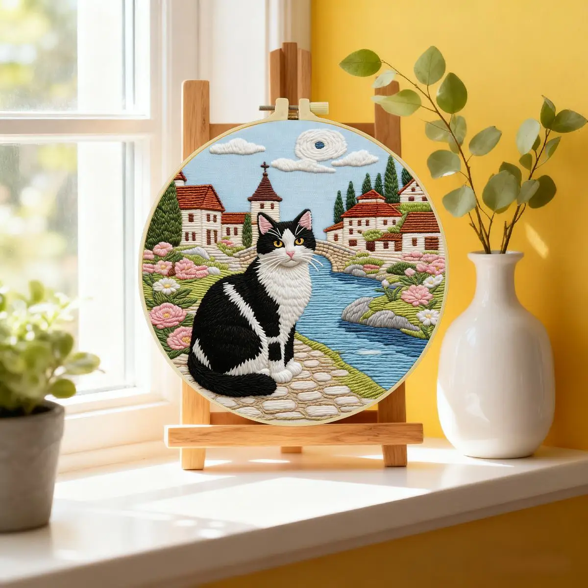 1 Stück 20X20CM/15X15CM 7,87/6,3 Zoll Die Katze am Bach Stickerei-Starter-Kit DIY-Kit DIY-Stickerei-Set Handarbeiten Nadelkunst – Detail 1