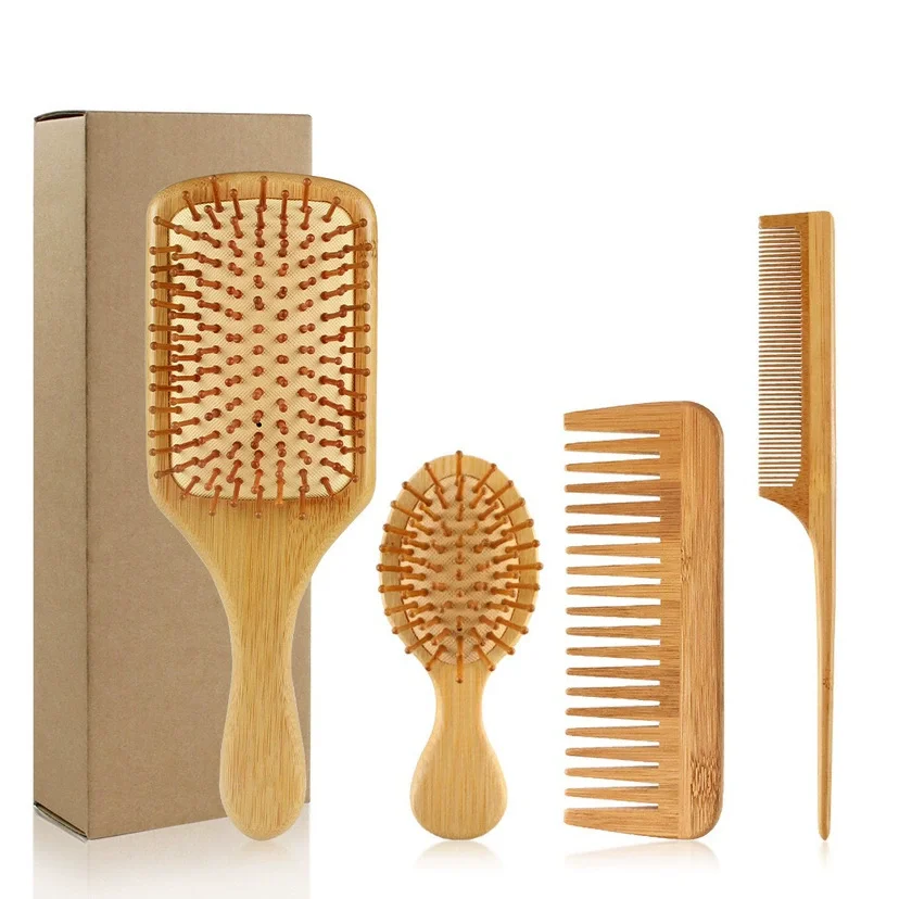 

4 Pcs/Set Eco-friendly Bamboo Hair Brush Set Detangling Hairbrush Wooden Air Cushion Massage Comb Wide Tooth & Pointed Tail Cmb