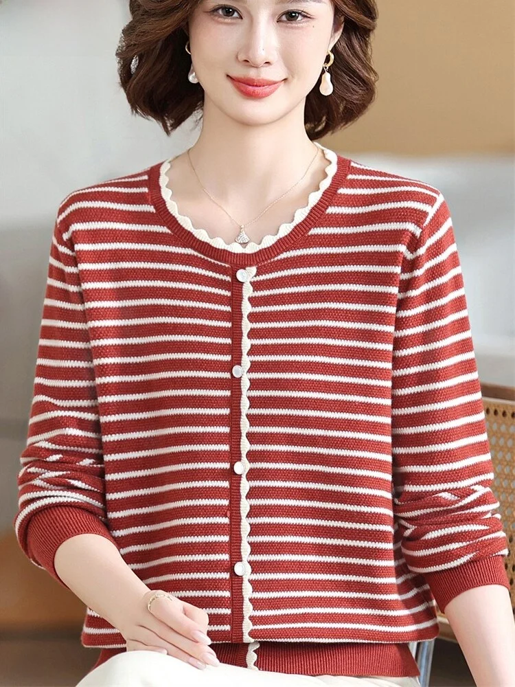 

Faionable Knitted Sweater Autumn Wear Long Sve Base Layer Stripe Pattern for Middle-Aged And ly Women Quali Top