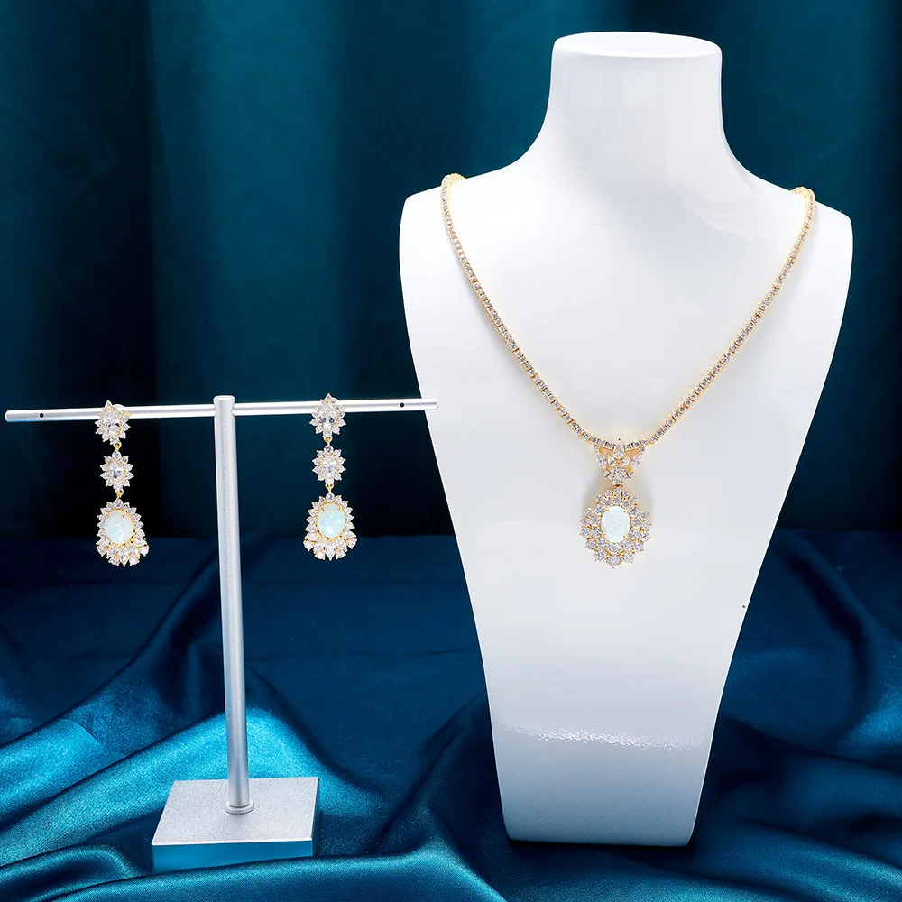 INJEWELIFE Luxury Golden Cubic Zirconia Necklace and Earrings Set for Women Opal Neck Jewelry Sets Gift Bridal Accessories